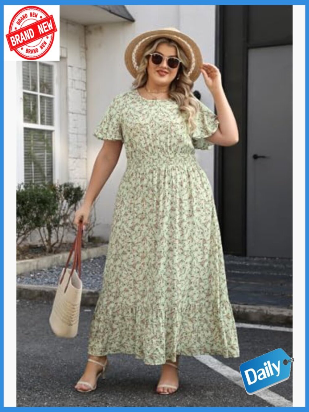 Plus Size Floral Maxi Dress Smocked Waist Flutter Sleeves Boho Casual - Picture 5 of 6